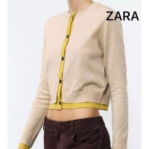 Zara contrast trim Cardigan tan beige oatmeal sweater knit top Yellow